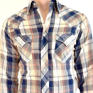 70s Vintage Western Shirt White Blue Red Plaid Mens Western Cowboy Shirt Pearl Snap Shirt Soft Lightweight