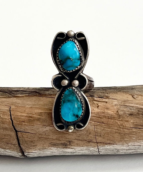 60s Navajo Turquoise Ring Vintage Old Pawn Native American Jewelry Sterling Silver Double Turquoise Elongated Ring 6.5