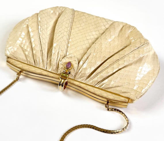 Vintage Judith Leiber Bag in Original Box Cream Ivory White Snakeskin Convertible Clutch Purse Jeweled Clasp Gold Chain Strap