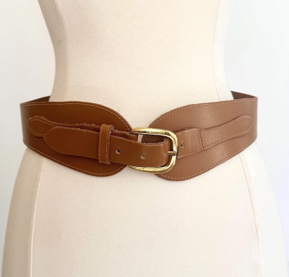 Vintage Brown Waist Belt Accessories by Pearl Solid Plain Wide Brown Leather Strap Solid Brass Gold Buckle Equestrian Style Womens