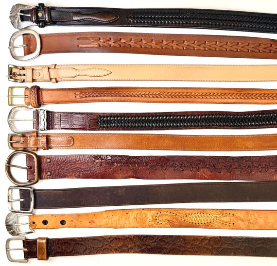 Vintage Western Leather Belt Distressed Rugged Worn Brown Tan Dark Brown Tooled Stitched Woven Strap Mens Women's Cowboy Belt