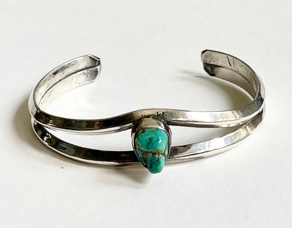 Heavy Vintage Turquoise Cuff Bracelet 60s 70s Native American Navajo Wide Solid Sterling Silver
