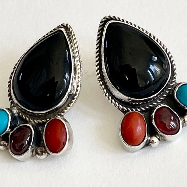 Navajo Black Onyx Earrings Signed SS Large Teardrop Studs Stud Earrings Vintage Southwest Native American Sterling Silver Modernist