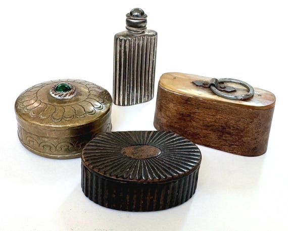 Tiny Vintage Antique Box Pillbox Perfume Vial Snuff Stash Trinket Box Brass Paper Mache Bone Silver Plate