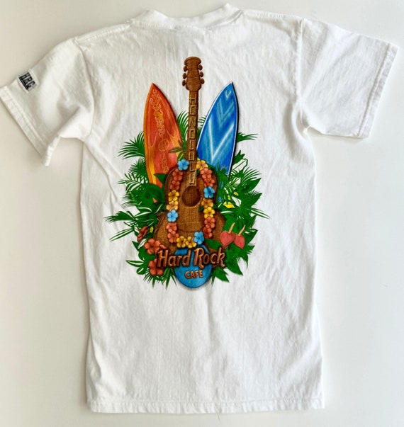 80s Hard Rock Honolulu Tshirt Surf Board Ukulele Lei Hawaiian Hawaii Graphic Tee Heavy Weight White Cotton Hard Rock Cafe