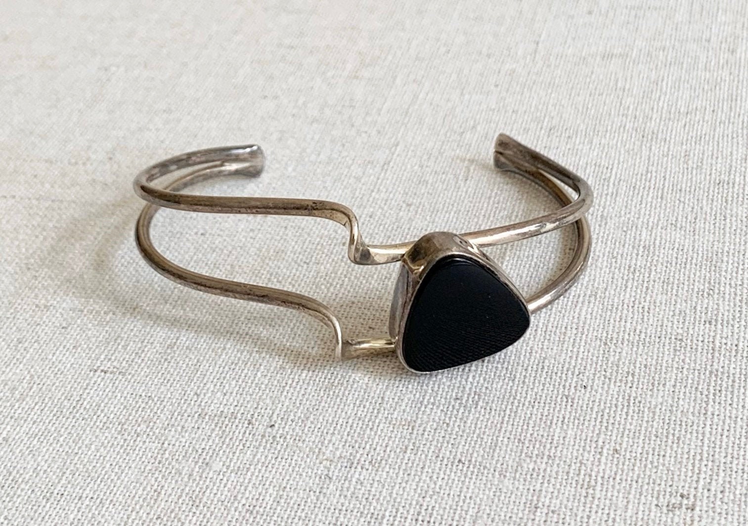 Asymmetrical Black Onyx Cuff Bracelet Vintage Native American Sterling