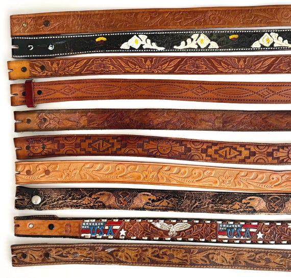 Vintage Leather Belt Strap 40 42 Genuine Leather Snap On Detachable Brown Black Floral Tooled Distressed Rugged Western