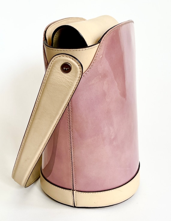 Ferragamo Patent Bucket Bag Salvatore Ferragamo Designer Leather Bag Two Tone Pastel Lavender Purple Patent Nude Purse Made in Italy