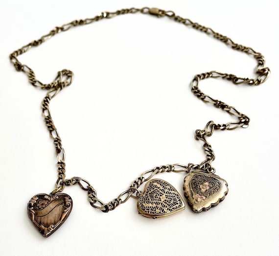 Vintage Heart Locket Necklace Gold Tone 925 Sterling Silver Chain Mis Matched Heart Shaped Lockets 12K Gold Fill GF La Mode 30s 40s Jewelry