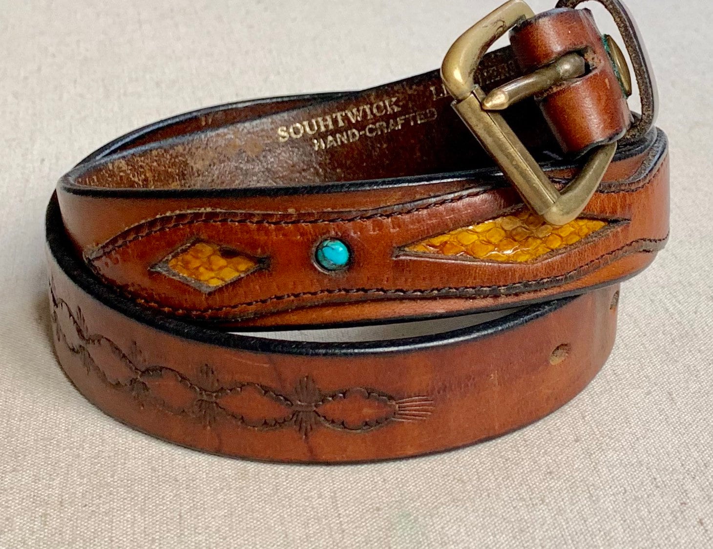 Leather Belt Inset Turquoise Stones Vintage Tooled Leather Snakeskin