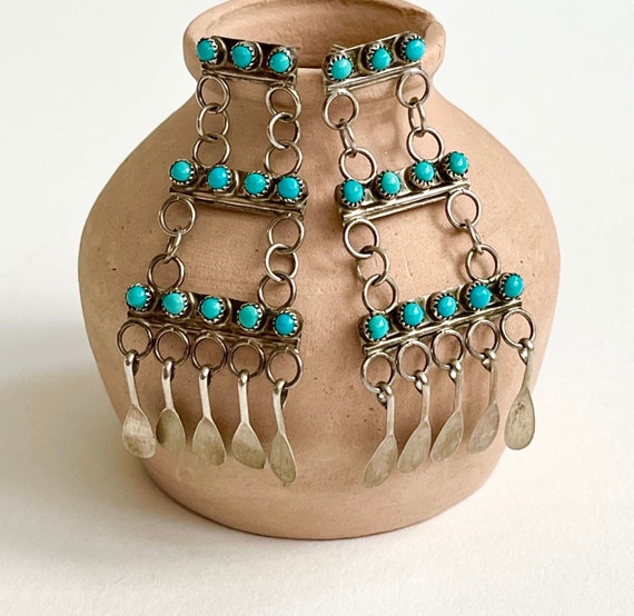 Snake Eye Turquoise Earrings 1.8" Drop Dangle Chandelier Signed Vintage Native American Zuni Sterling Silver Delicate Set Stones