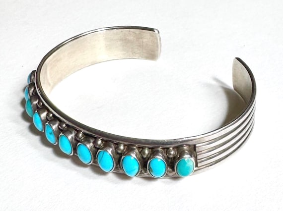 Signed Turquoise Bracelet Cuff Native American Navajo Handmade Sterling Silver Railroad Ribbed Band Multi Stone Petit Point