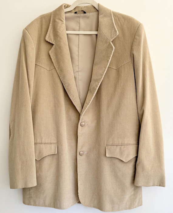 Men's Western Corduroy Jacket Vintage Pioneer Wear Made in USA Light Beige Natural White Blazer Leather Elbow Patch