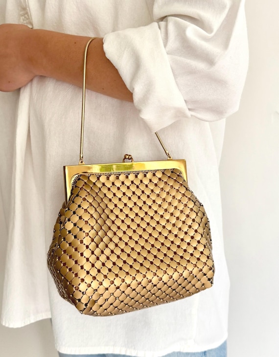 Rare Gold Mesh Bag by Whiting and Davis Large Size Metal Mesh Links Vintage 60s Purse Small Wristlet Made in USA