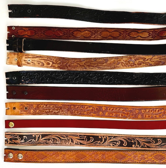 Vintage Leather Belt Strap 34 36 38 Genuine Leather Snap On Detachable Brown Black Floral Tooled Distressed Rugged Western