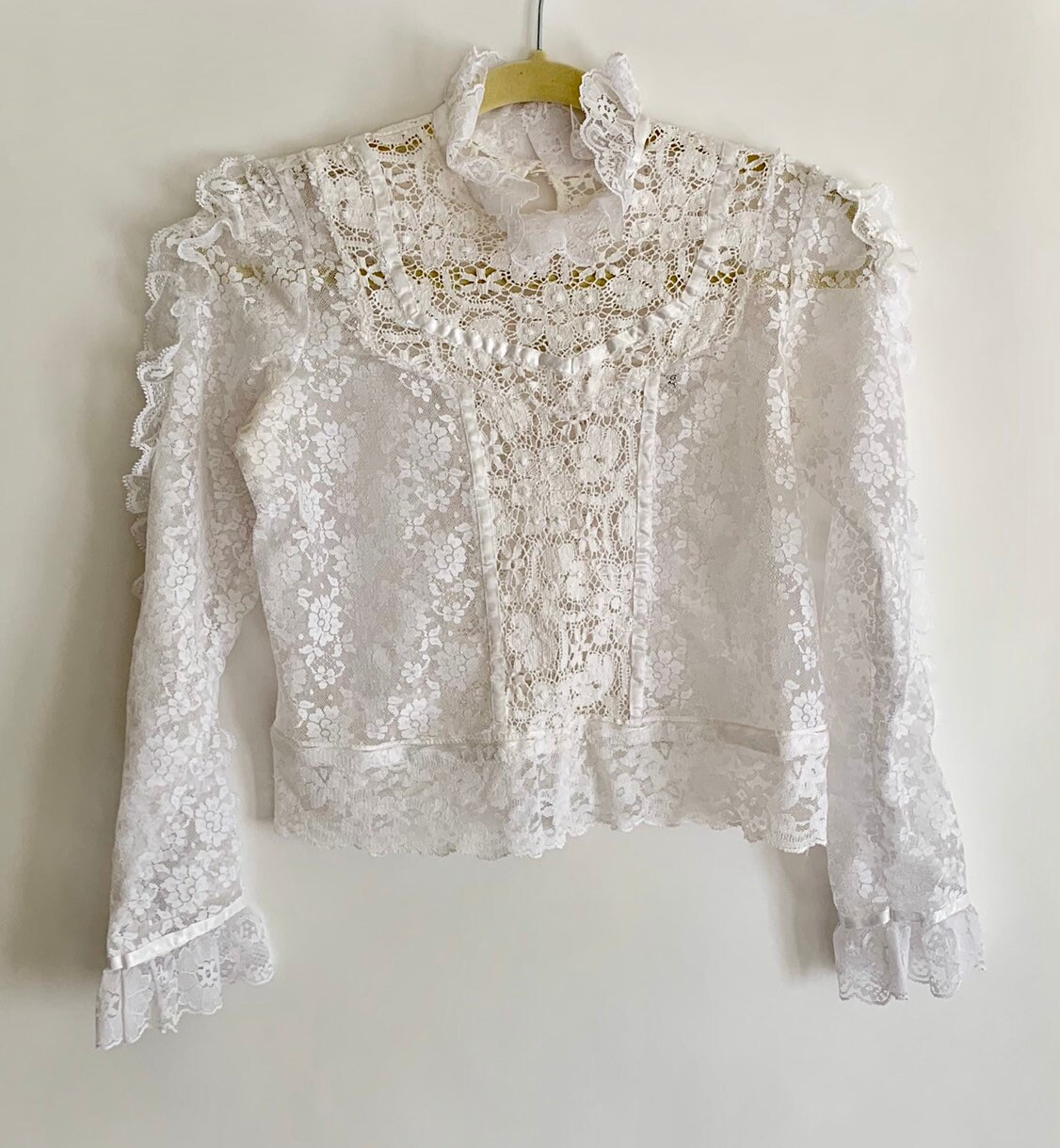 White Lace Top Victorian Edwardian Style Vintage 70s High Neck Satin ...