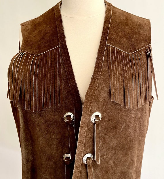 70s Western Suede Vest Fringe Trim Vintage 70s Southwest Cowboy Vest Brown Suede Leather Made in USA by Expressions by Campus