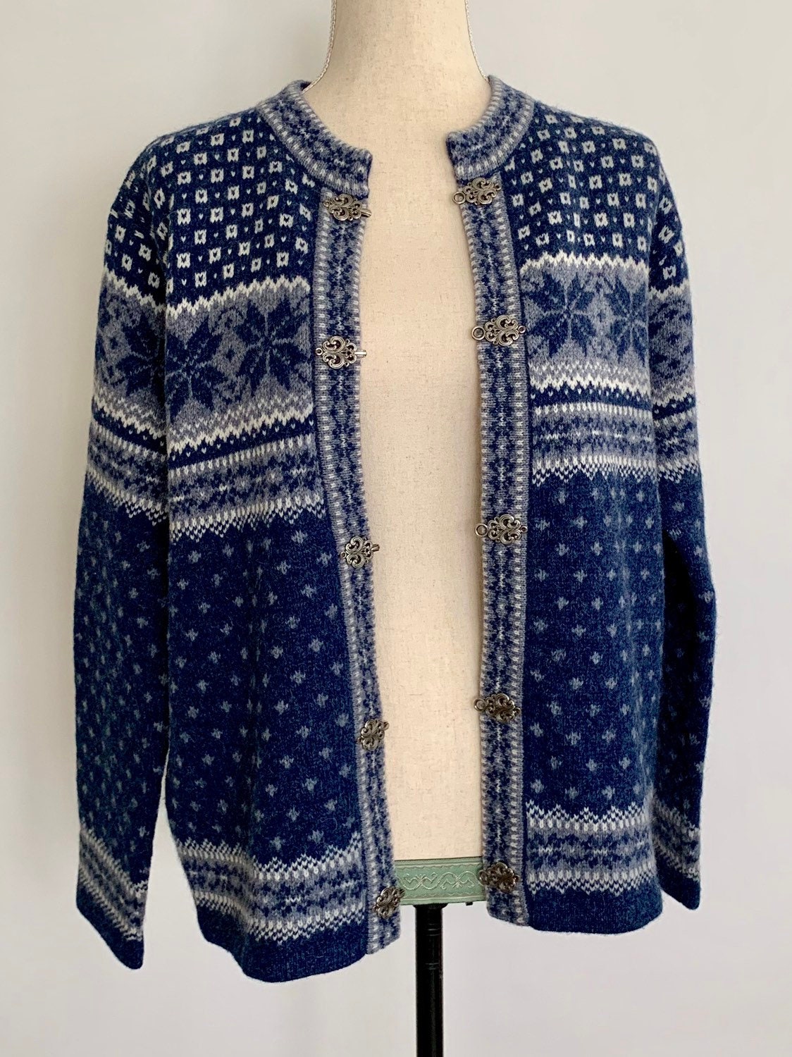 Wool Ski Sweater Nordic Style Cardigan Vintage Skyr Blue Natural White ...