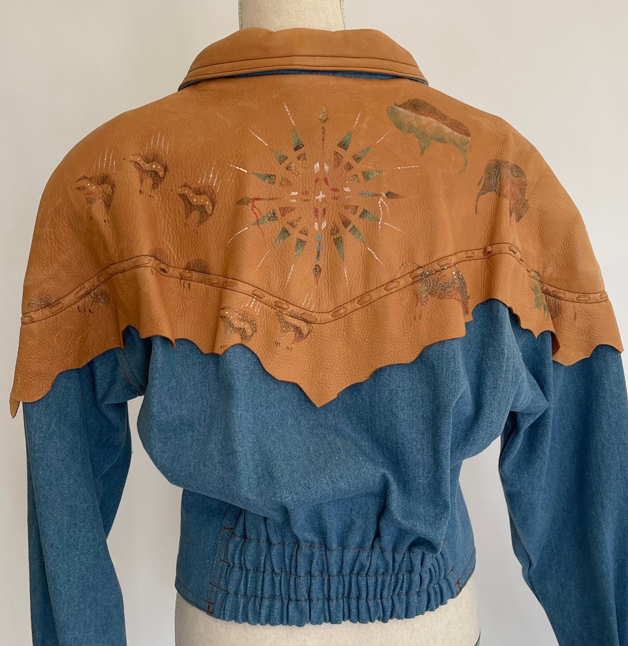 Patricia Wolf Western Jacket Tan Leather Denim Cotton Denim Vintage ...