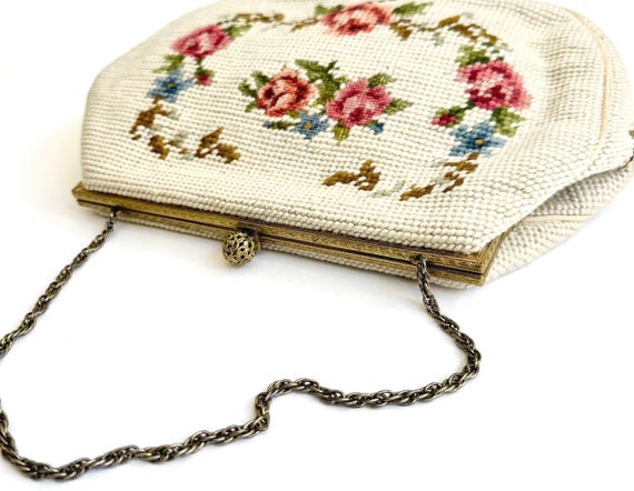 Vintage Floral Needlepoint Bag Purse Mid Century Maud Hundley Rose Victorian Style Gold Tone Frame Chain Strap Natural White Pastel Flowers
