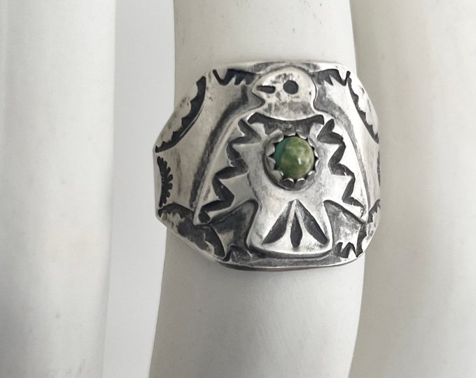 Sterling Silver Thunderbird Ring Green Turquoise Fred Harvey Era Vintage Native American Navajo Wide Cigar Band Style Mens Womens Size 9.5