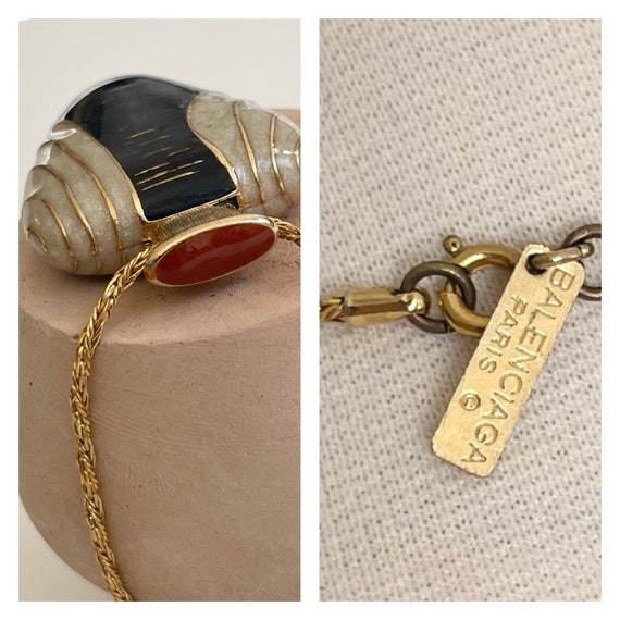 Balenciaga Perfume Bottle Necklace Vintage 70s 80s French Paris Designer Costume Jewelry Gold Tone Chain Enamel Vial Bottle Pendant