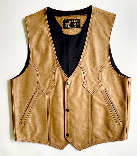 Western Tan Leather Vest Vintage 70s Made in Mexico Distressed Faded Worn Patina Cognac Mens Cowboy Rodeo Vest