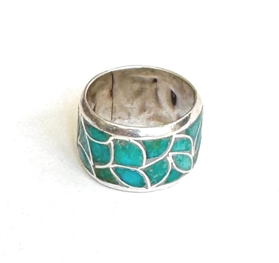 Vintage Zuni Turquoise Ring Older Vintage Native American Sterling Silver Flush Mosaic Stone Inlay Wide Cigar Band Size 6.75