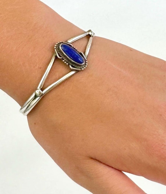 Navajo Lapis Lazuli Bracelet Cuff Vintage Native American Minimalist Sterling Silver Split Shank Band Blue Stone Cabochon