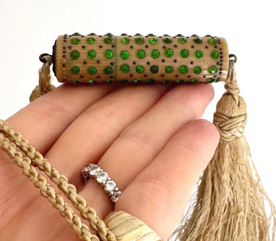 Art Deco Bakelite Snuff Bottle Perfume Bottle Pendant Necklace Antique Flapper Girl Jewelry Green Crystal Encrusted Vial Tassel Cord