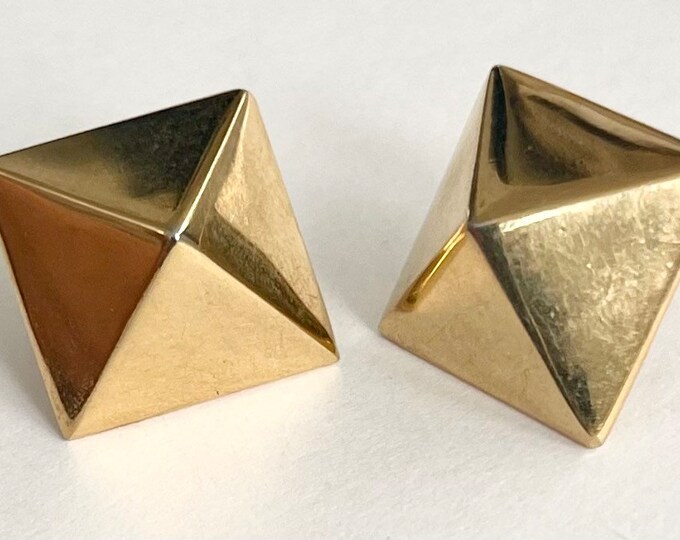 Signed Givenchy Gold Earrings Vintage 80s Geometric Cube Prism Square Gold Tone Face Designer Hallmarked