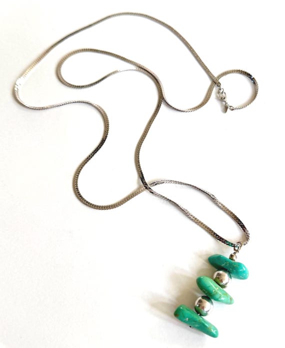 Long Vintage Turquoise Nugget Necklace on 80s Monet 36" Silver Chain
