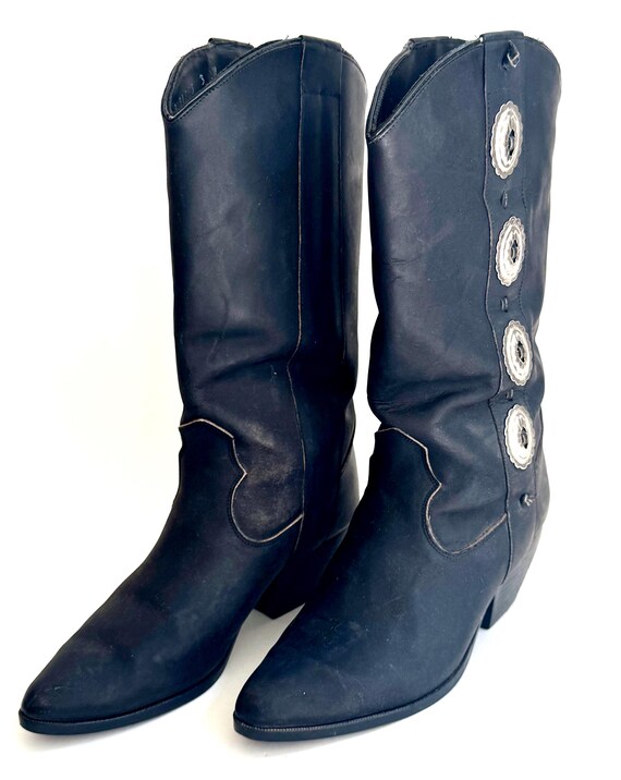 Vintage Concho Cowboy Boots Soft Matte Black Leather Made in Mexico by BRuno Berni Womens Western Cowgirl Shoes Size 7.5 8