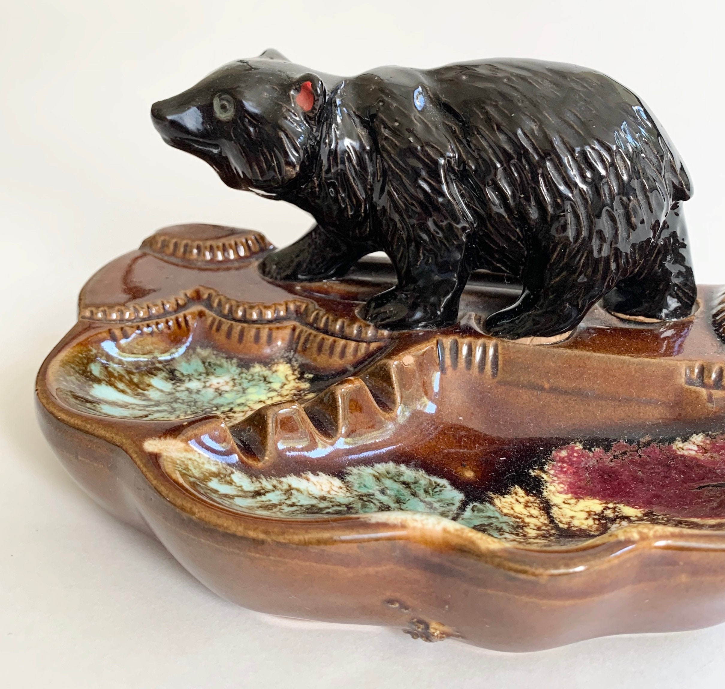 Mid Century Japan Ashtray Vintage Black Brown Glazed Ceramic Black Bear