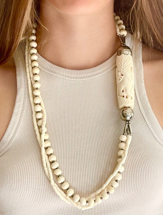 Boho 70s Beaded Necklace Vintage Folk Hippie Bead Necklace Vintage Handmade Vintage White Silver Beads Long 28" Statement Necklace