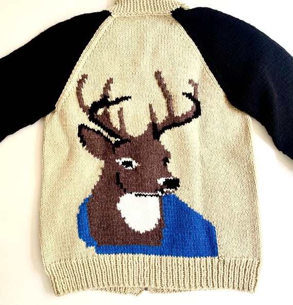 Vintage Cowichan Sweater Cardigan Handwoven Wool Deer Stag Animal Pictorial Christmas Holiday Sweater Natural White Black Mens M L