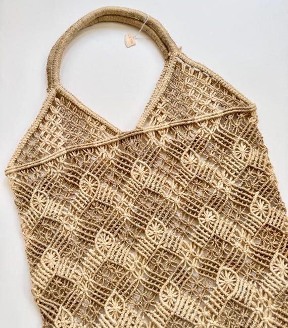70s Straw Bag Tote Vintage Tag Attached Open Weave Two Tone Beige Sisal Boho Summer Beach Market Bag