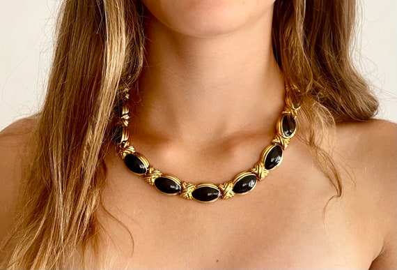 Chunky Gold Link Necklace Black Enamel X Detail Vintage Costume Jewelry Heavy Gold Tone Metal Chain Link Necklace Adjustable Length
