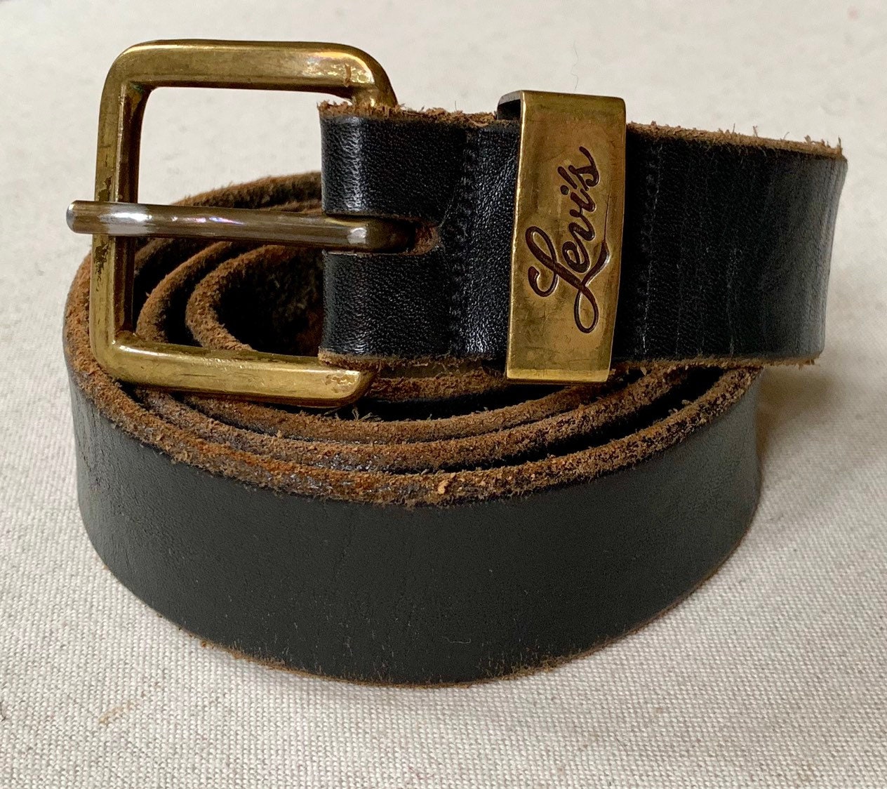 70s Levi's Leather Belt Solid Brass Buckle and Hardware Distressed