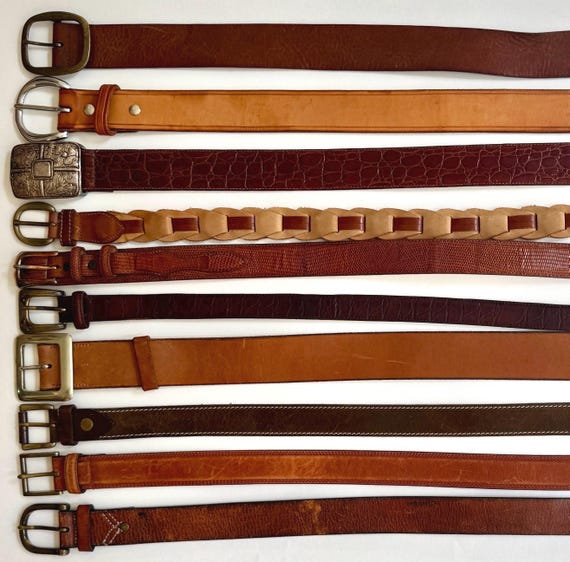 Vintage Western Leather Belt Distressed Rugged Worn Brown Tan Dark Brown Strap Solid Croco Lizard Plain Mens Women's Ralph Laurent Harolds