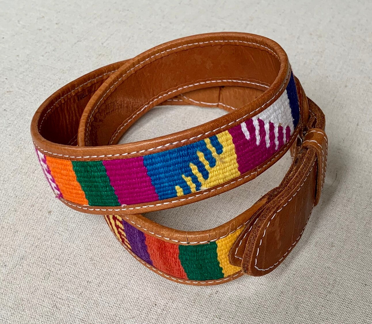 Girls Teen Guatemalan Belt Vintage 80s Brown Beige Leather  display picture 2