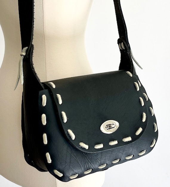 Pristine Western Black Bag Purse Handmade Vintage Soft Black Leather Shoulder Bag Contrast White Leather Stitching