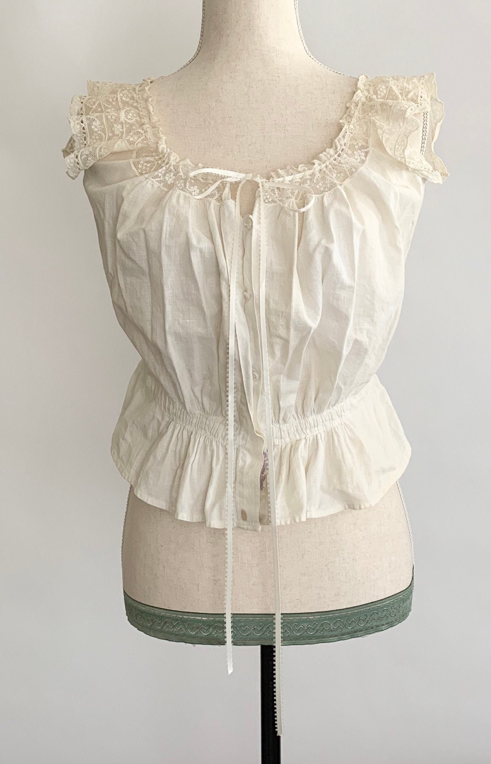 Antique Victorian Corset Cover Sleeveless Top Blouse Handmade Vintage  Costume Natural White Cotton Lace Button Front XS