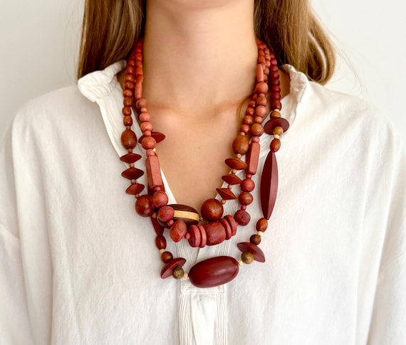 70s Wood Bead Necklace Pick One! Vintage Folk Boho Jewelry Chunky Graduated Disk  Round Oval Wood Beads Summer Beach