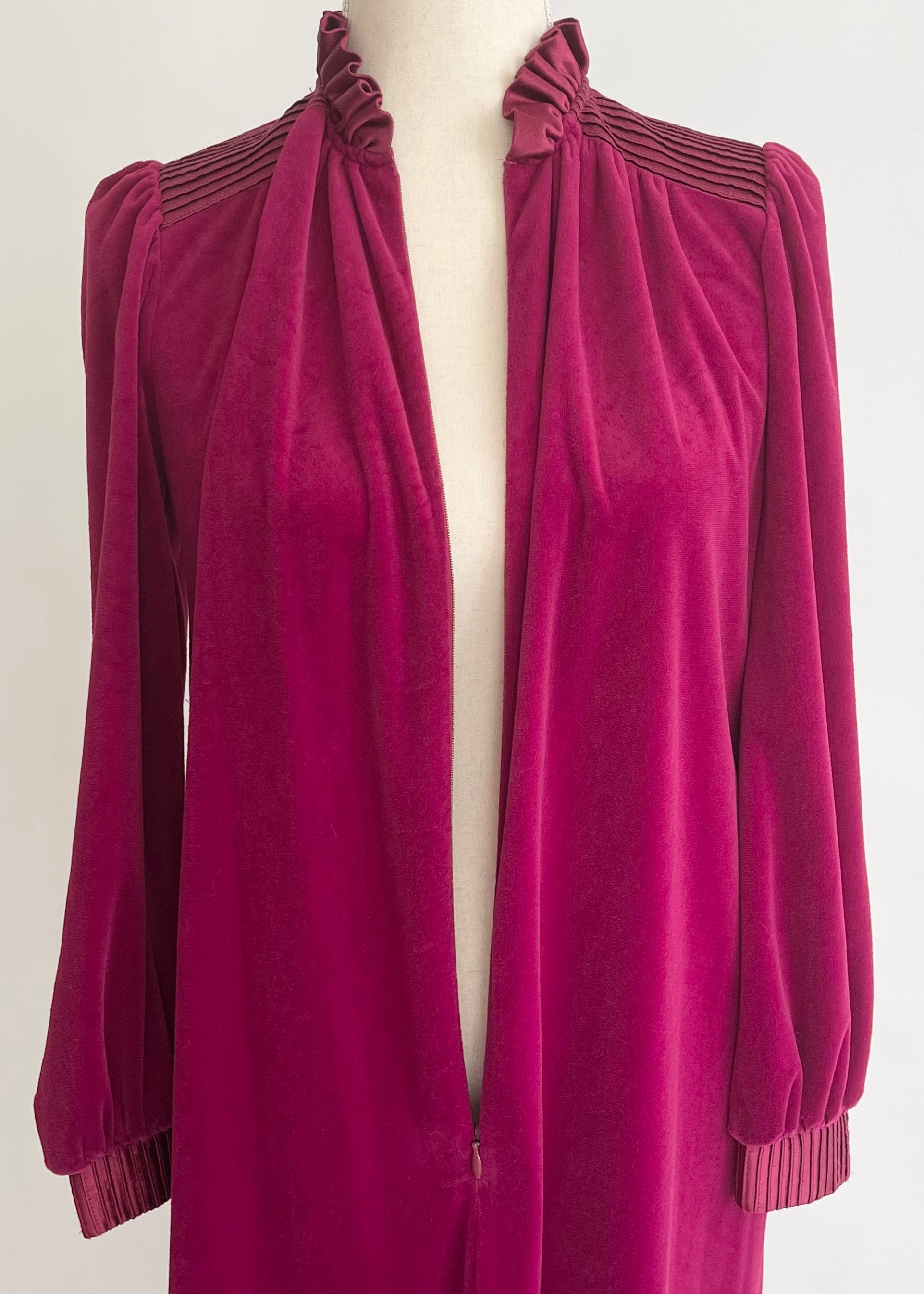 Wine Velour Dressing Gown Robe Peignoir Vintage 70s Satin Details at