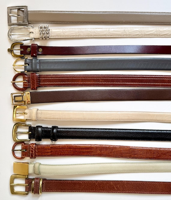 Vintage Skinny Leather Belt Thin Croco Lizard Embossed Solid Neutral Plain Brown White Gray Leather Womens Dress Belt Ralph Lauren Brighton