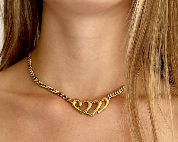 Vintage Napier Gold Triple Heart Choker Necklace Signed Costume Jewelry