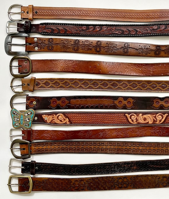 Western Tooled Leather Belt Distressed Leather Go… - image 2