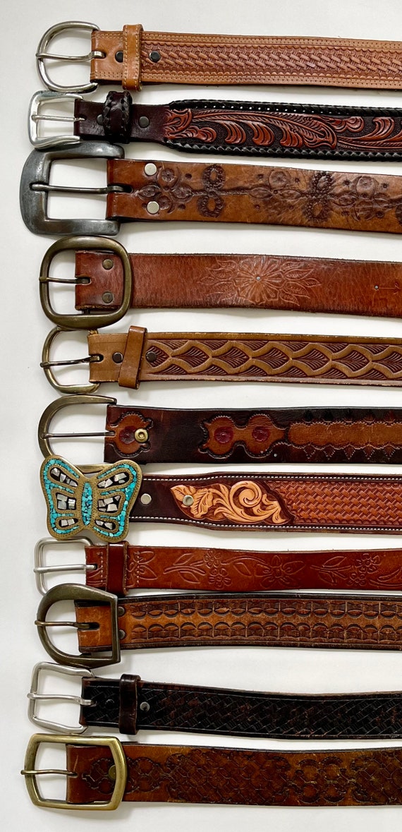 Western Tooled Leather Belt Distressed Leather Go… - image 3