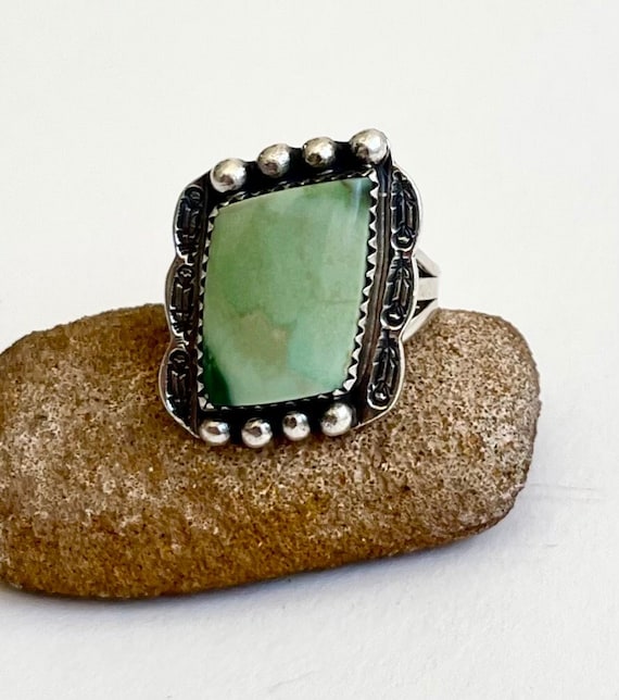 Stunning Navajo Turquoise Ring Signed Begay Pale Aqua Green Vintage Native American Handcrafted Sterling Silver Size 8.5